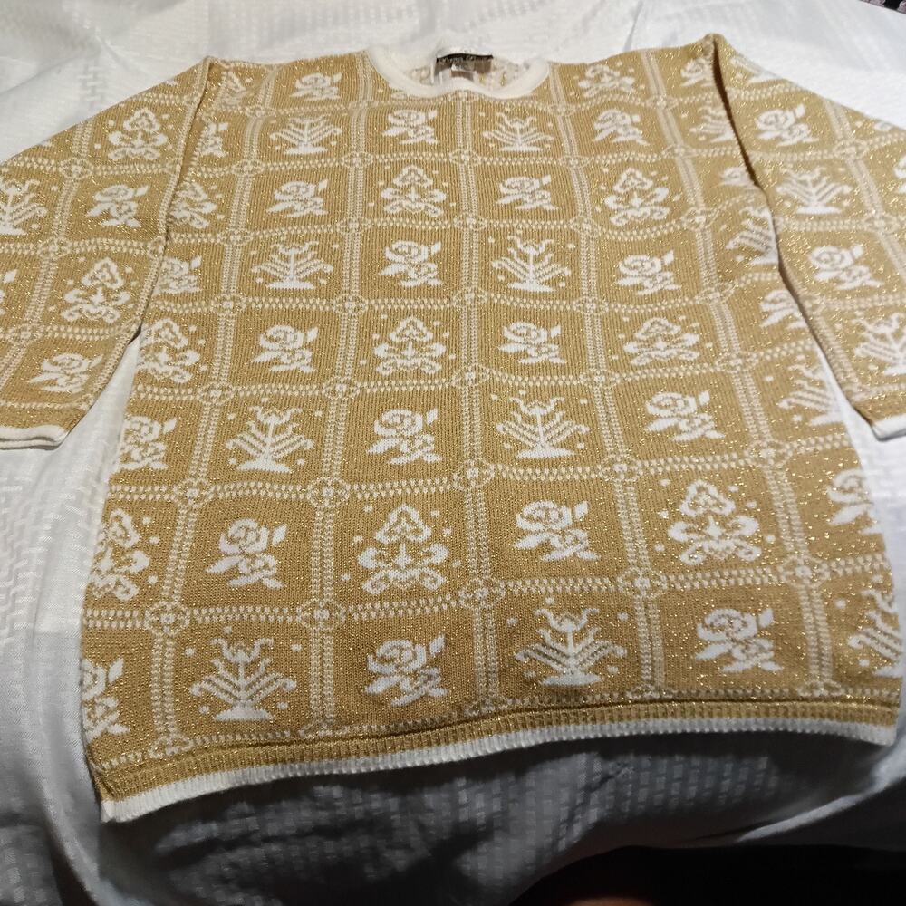 Vintage 80's NWT Dana Scott Tunic Sweater L/XL NOS Gold Geometric Classy Retro